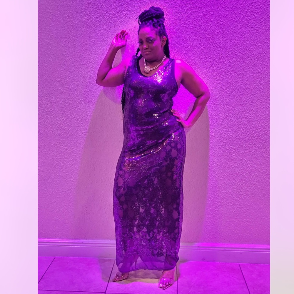 EMINENT BUERA original custom sheer purple and sequin long dress XL